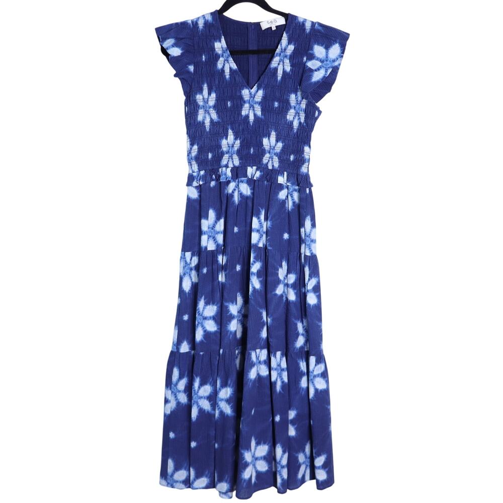 SEA Isla Midi Dress Navy Print Smocked Cotton Peasant Flutter Sleeve Women's 4 - Picture 2 of 12